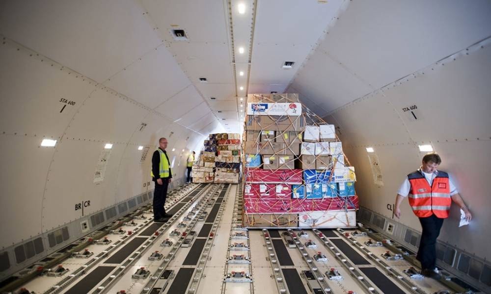 Flower cargo pallets prepared inside an aircraft hold